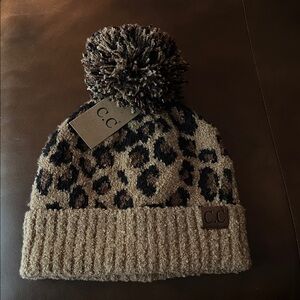 C.C Animal Print Pom Beanie - Tan and Black
